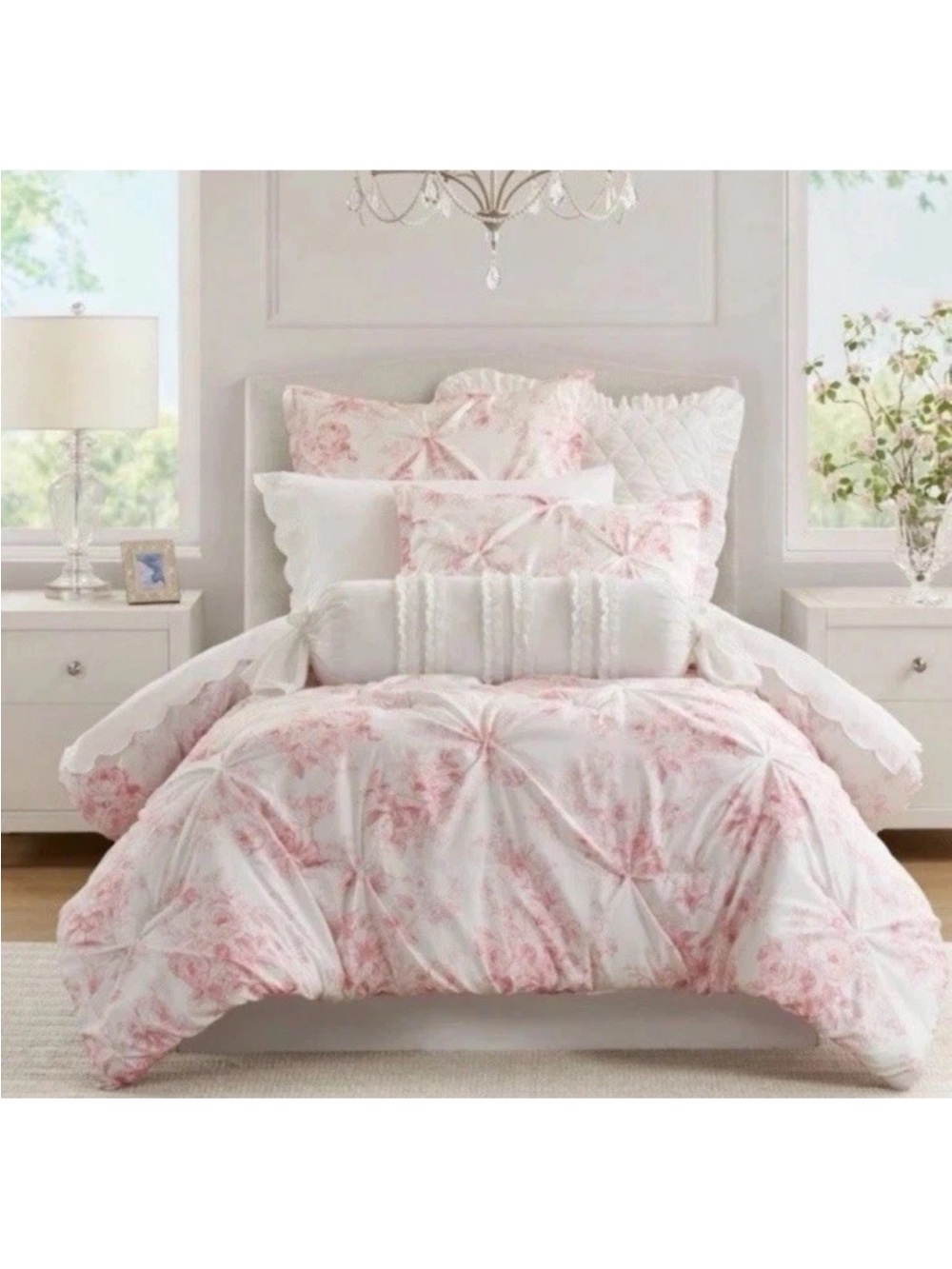 Elegant Full/Queen Pink Toile Floral Comforter ~ Reversible